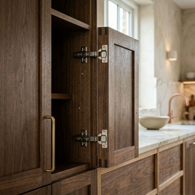Hyper-detailed construction of ultra-premium bespoke carpentry, soft-close hinges, and flawless wood joinery