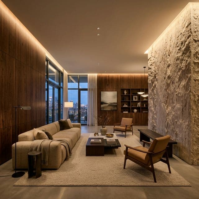 Warm Modern condominium living space with smoked walnut panels and raw travertine stone wall illuminated by 3000K warm white LED